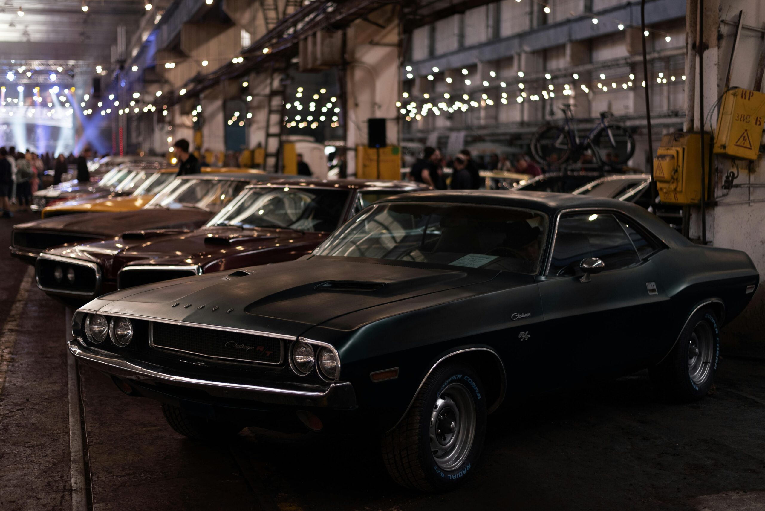 Lineup of classic cars in an industrial indoor setting with ambient lighting.